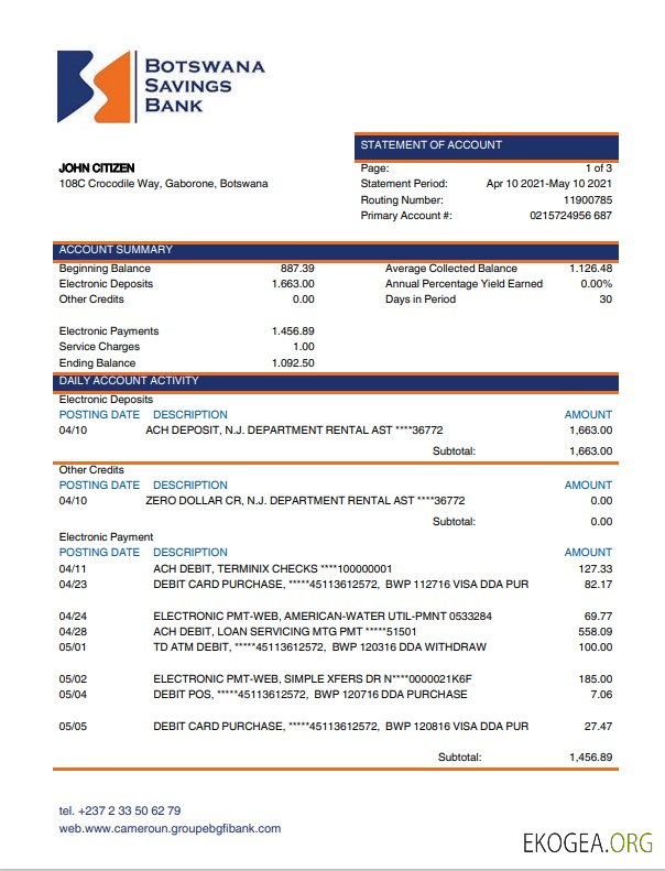 Modèle de relevé de la Botswana Savings Bank, format Word et PDF
